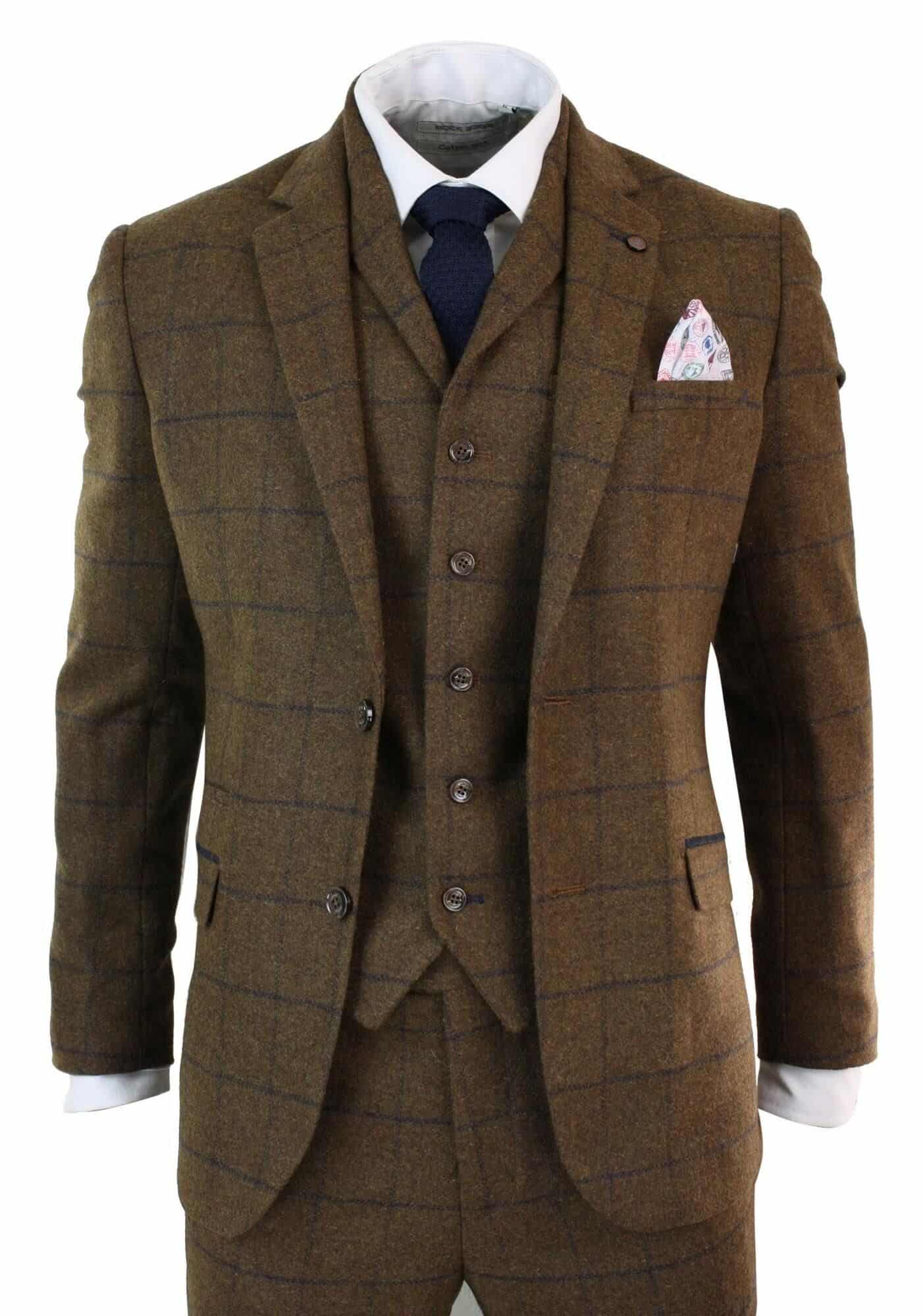 Miesten kalanruotokuvioinen tweed-ruutukuvioinen kolmiosainen villapuku Peaky Blinders - ruskea