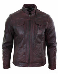 Aitoa nahkaa, lyhyt vetoketjullinen, rento viininpunainen retro miesten biker-takki, pesty vintage