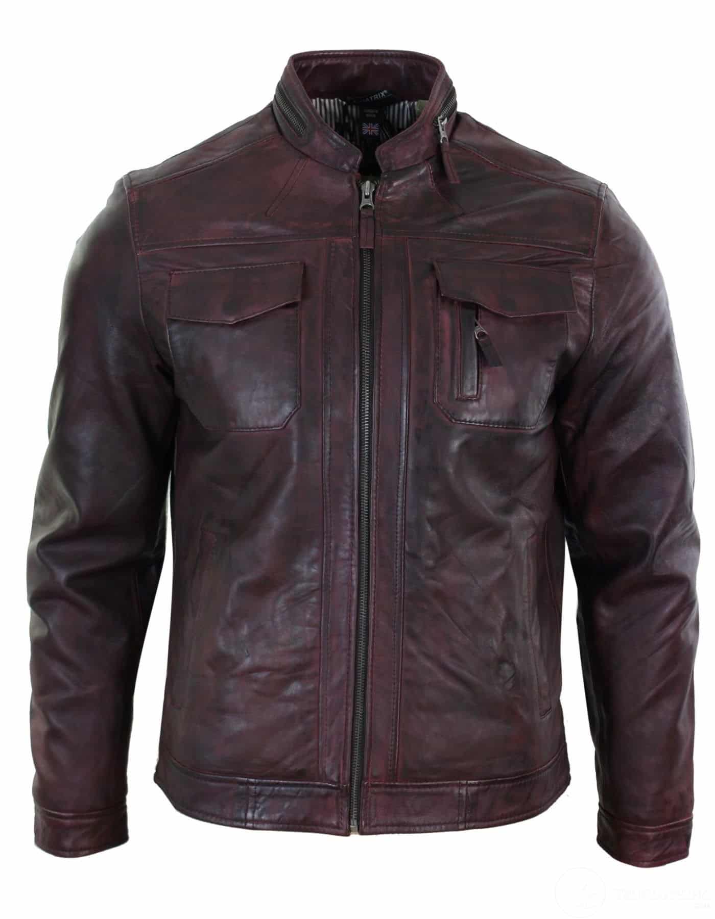 Aitoa nahkaa, lyhyt vetoketjullinen, rento viininpunainen retro miesten biker-takki, pesty vintage