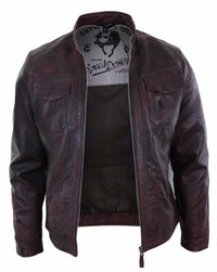 Aitoa nahkaa, lyhyt vetoketjullinen, rento viininpunainen retro miesten biker-takki, pesty vintage