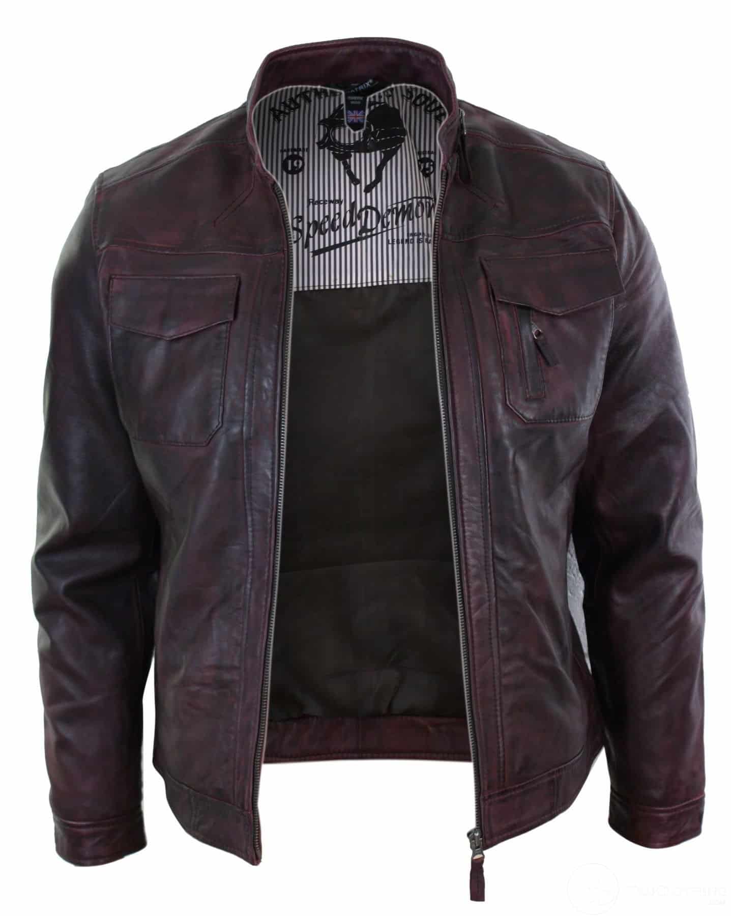 Aitoa nahkaa, lyhyt vetoketjullinen, rento viininpunainen retro miesten biker-takki, pesty vintage