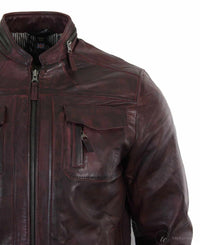 Aitoa nahkaa, lyhyt vetoketjullinen, rento viininpunainen retro miesten biker-takki, pesty vintage