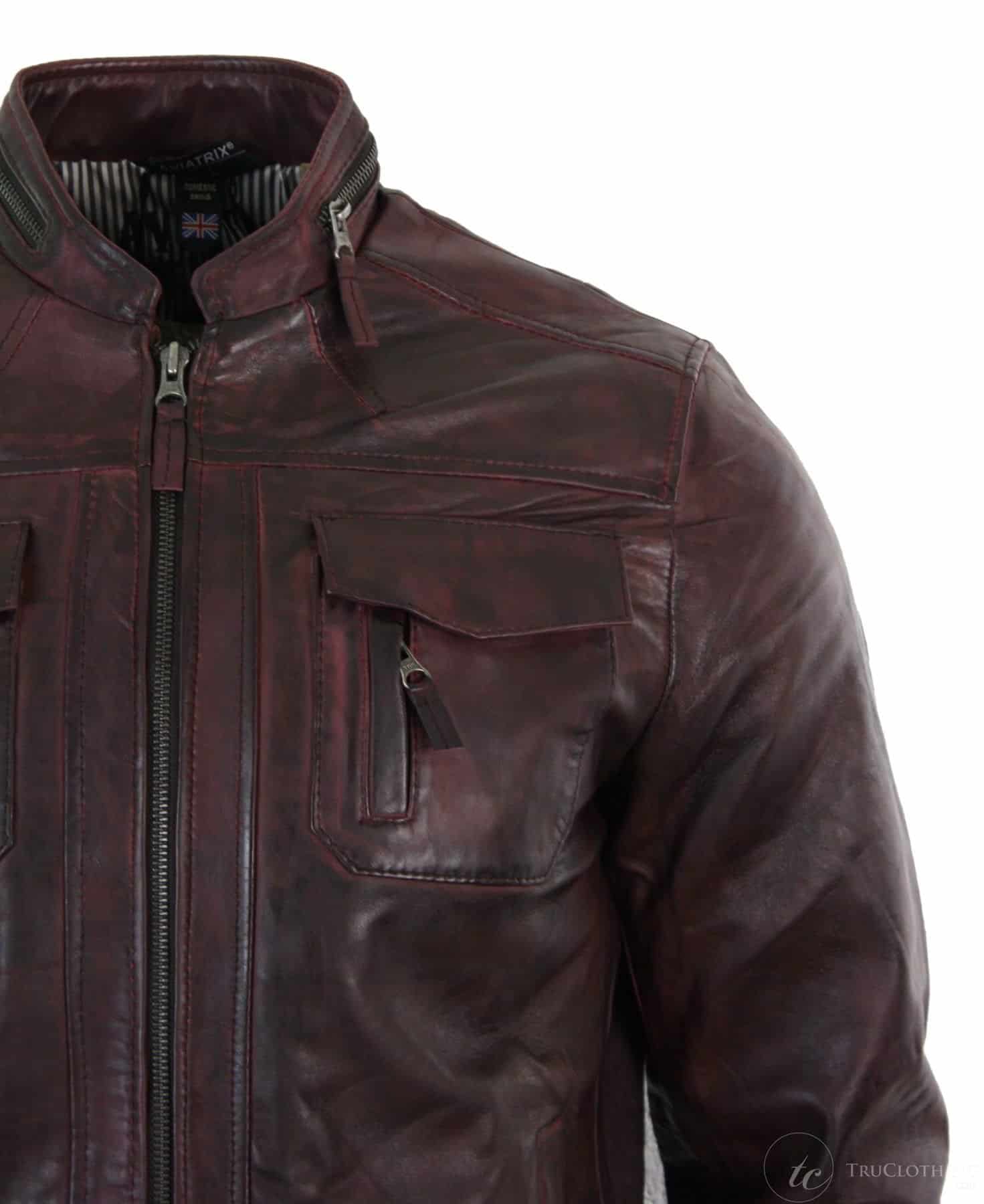 Aitoa nahkaa, lyhyt vetoketjullinen, rento viininpunainen retro miesten biker-takki, pesty vintage