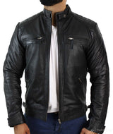 Aitoa nahkaa, retrotyylinen vetoketjullinen miesten biker-takki, pehmeä musta, rento-musta
