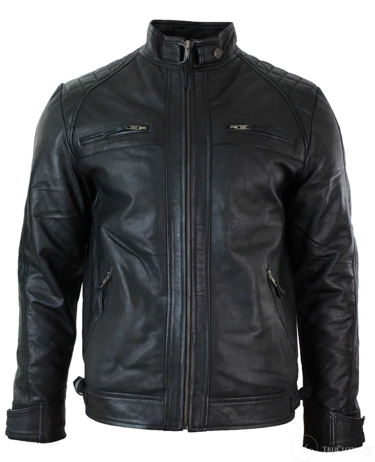 Aitoa nahkaa, retrotyylinen vetoketjullinen miesten biker-takki, pehmeä musta, rento-musta