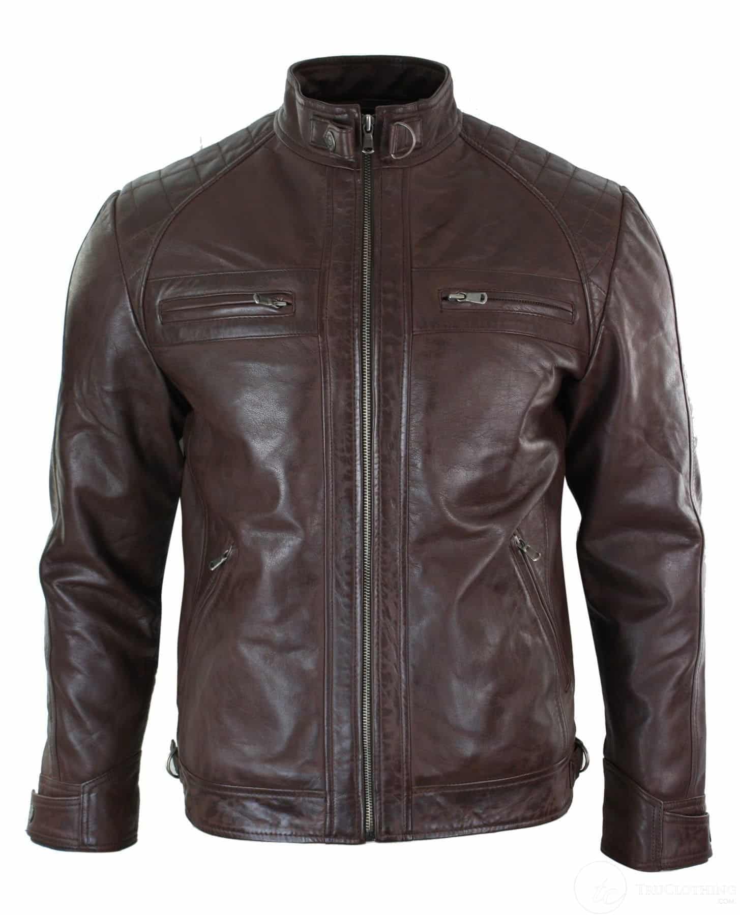 Aitoa nahkaa, retrotyylinen vetoketjullinen miesten biker-takki, pehmeä, musta, rento-ruskea
