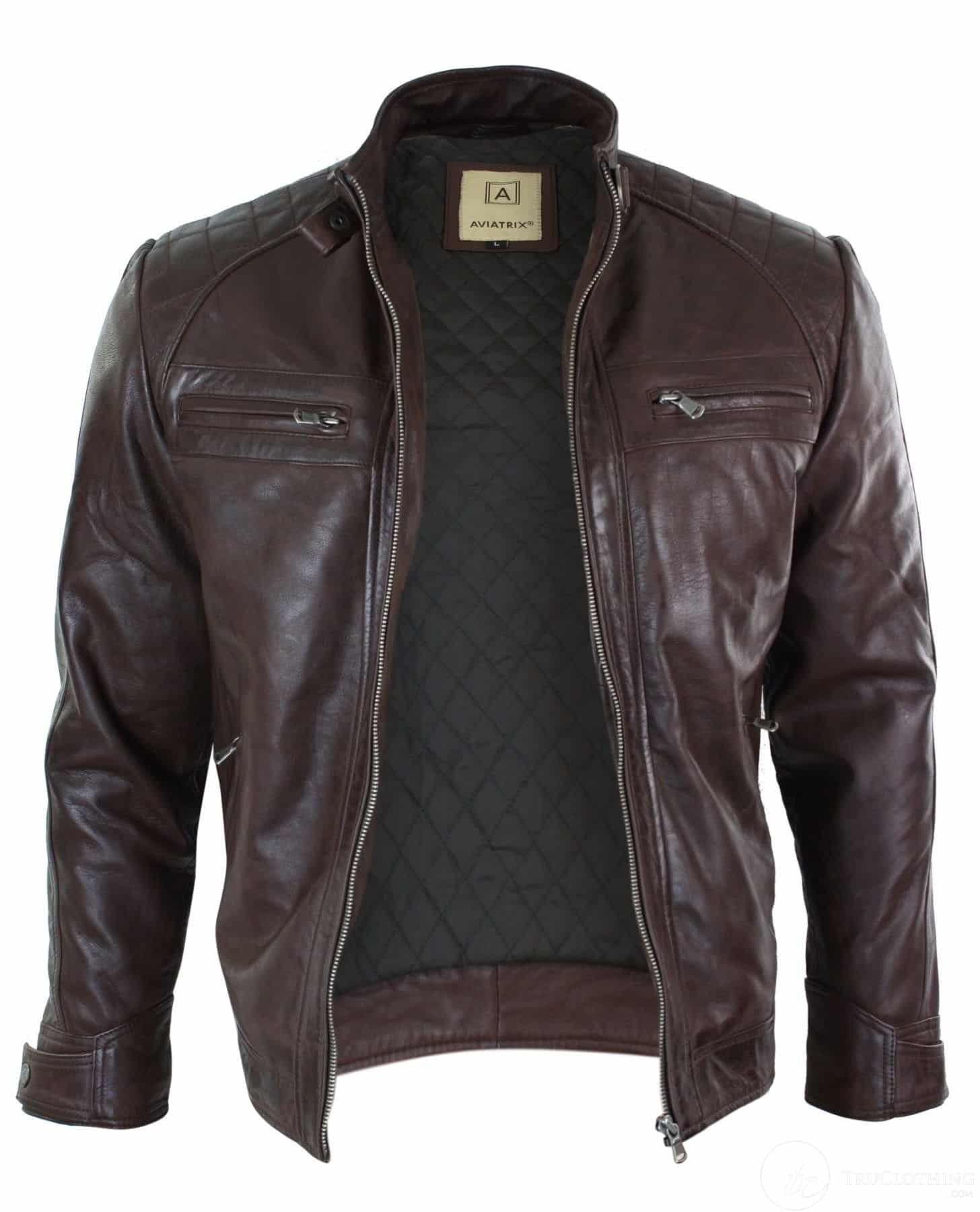 Aitoa nahkaa, retrotyylinen vetoketjullinen miesten biker-takki, pehmeä, musta, rento-ruskea