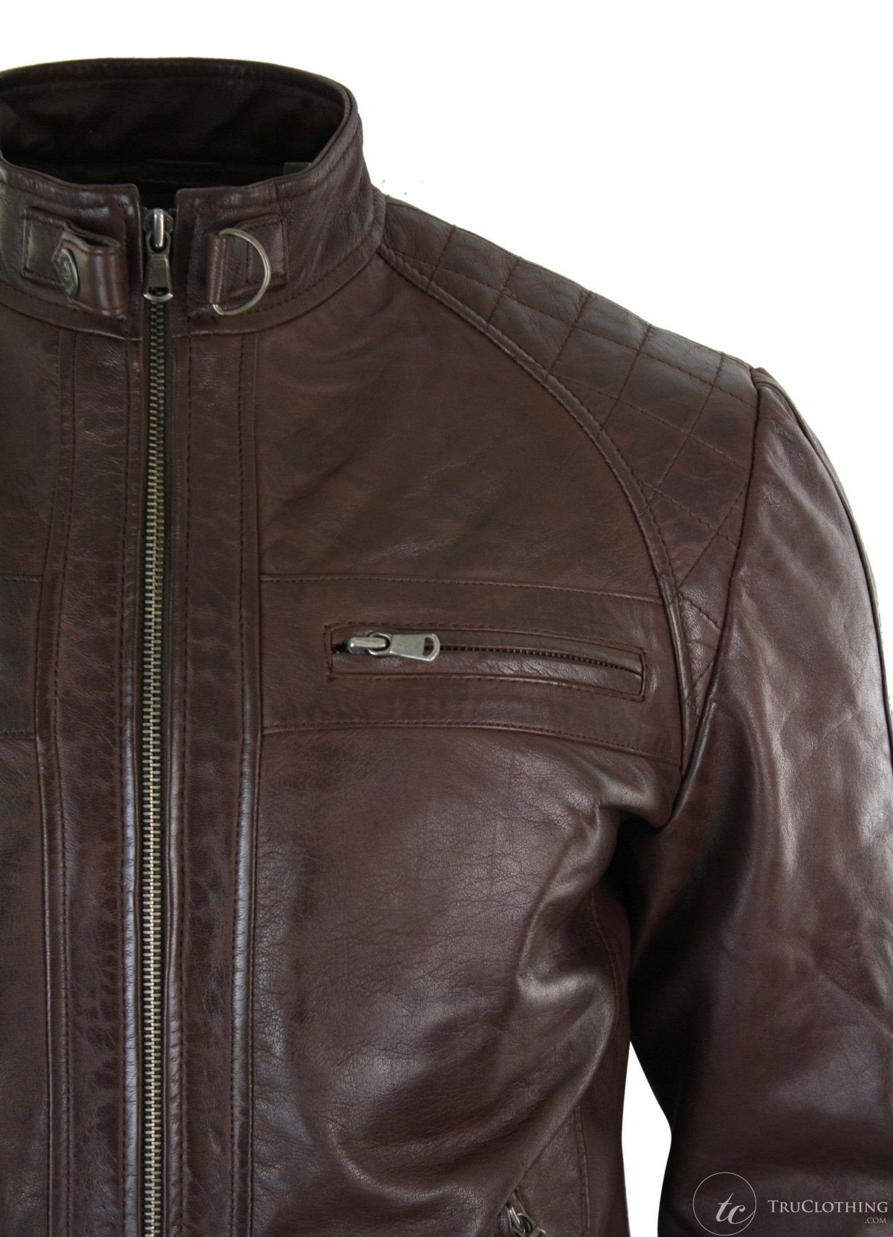 Aitoa nahkaa, retrotyylinen vetoketjullinen miesten biker-takki, pehmeä, musta, rento-ruskea
