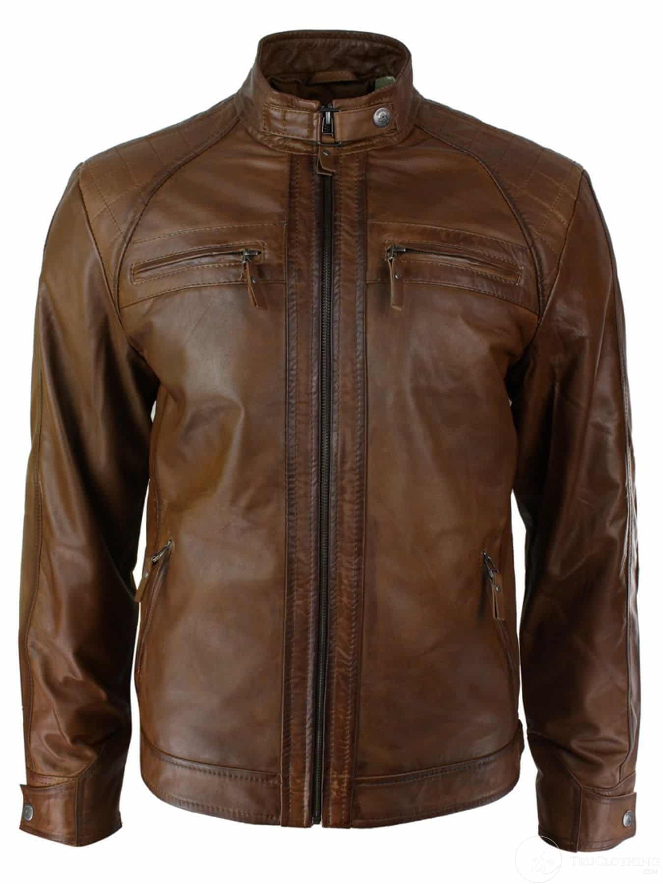 Miesten retrotyylinen vetoketjullinen biker-takki, pehmeää nahkaa, musta, rento-ruskea