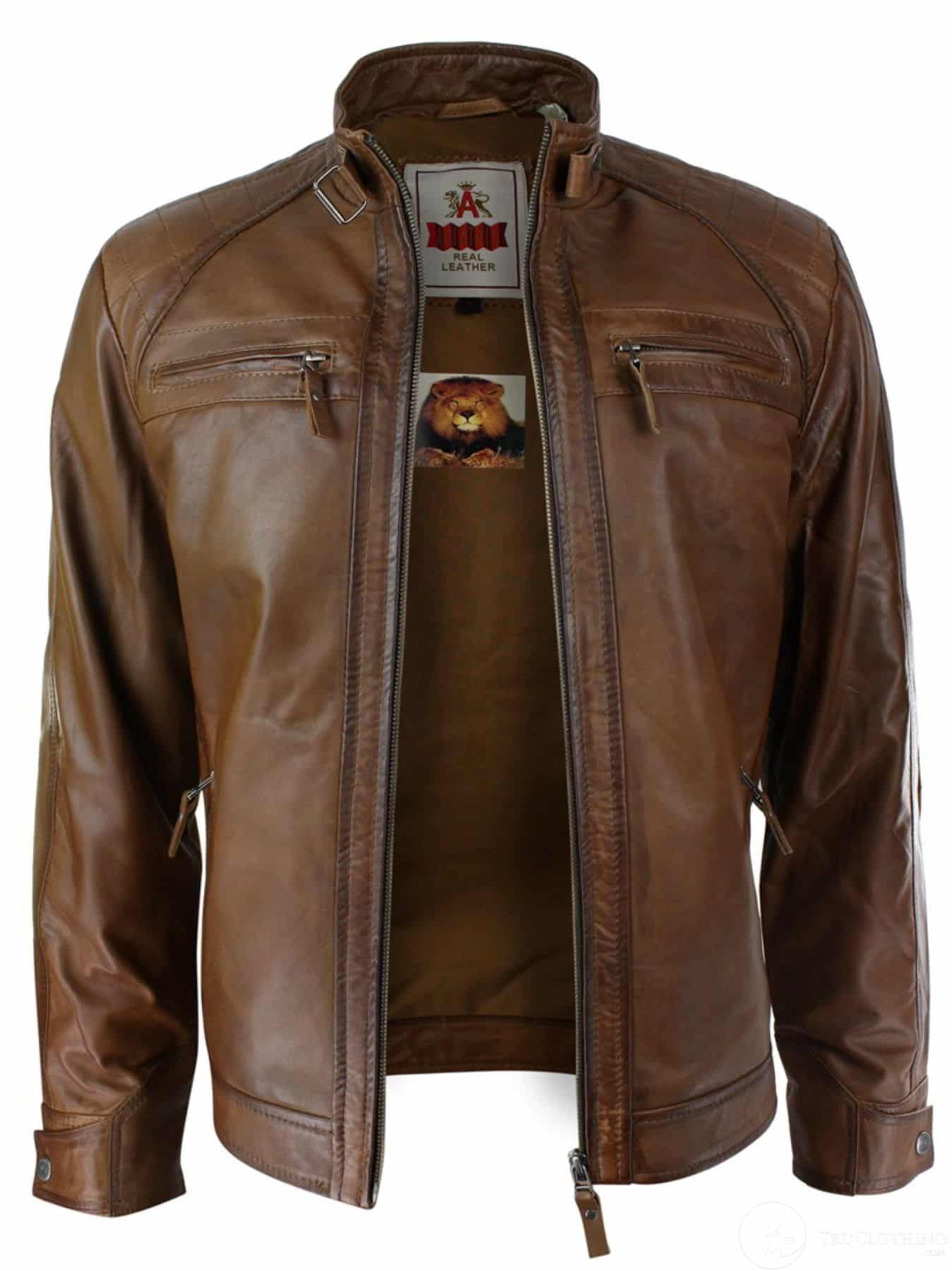 Miesten retrotyylinen vetoketjullinen biker-takki, pehmeää nahkaa, musta, rento-ruskea
