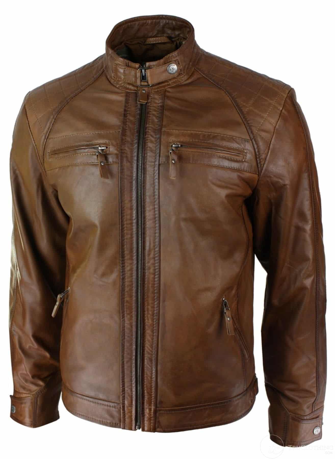 Miesten retrotyylinen vetoketjullinen biker-takki, pehmeää nahkaa, musta, rento-ruskea