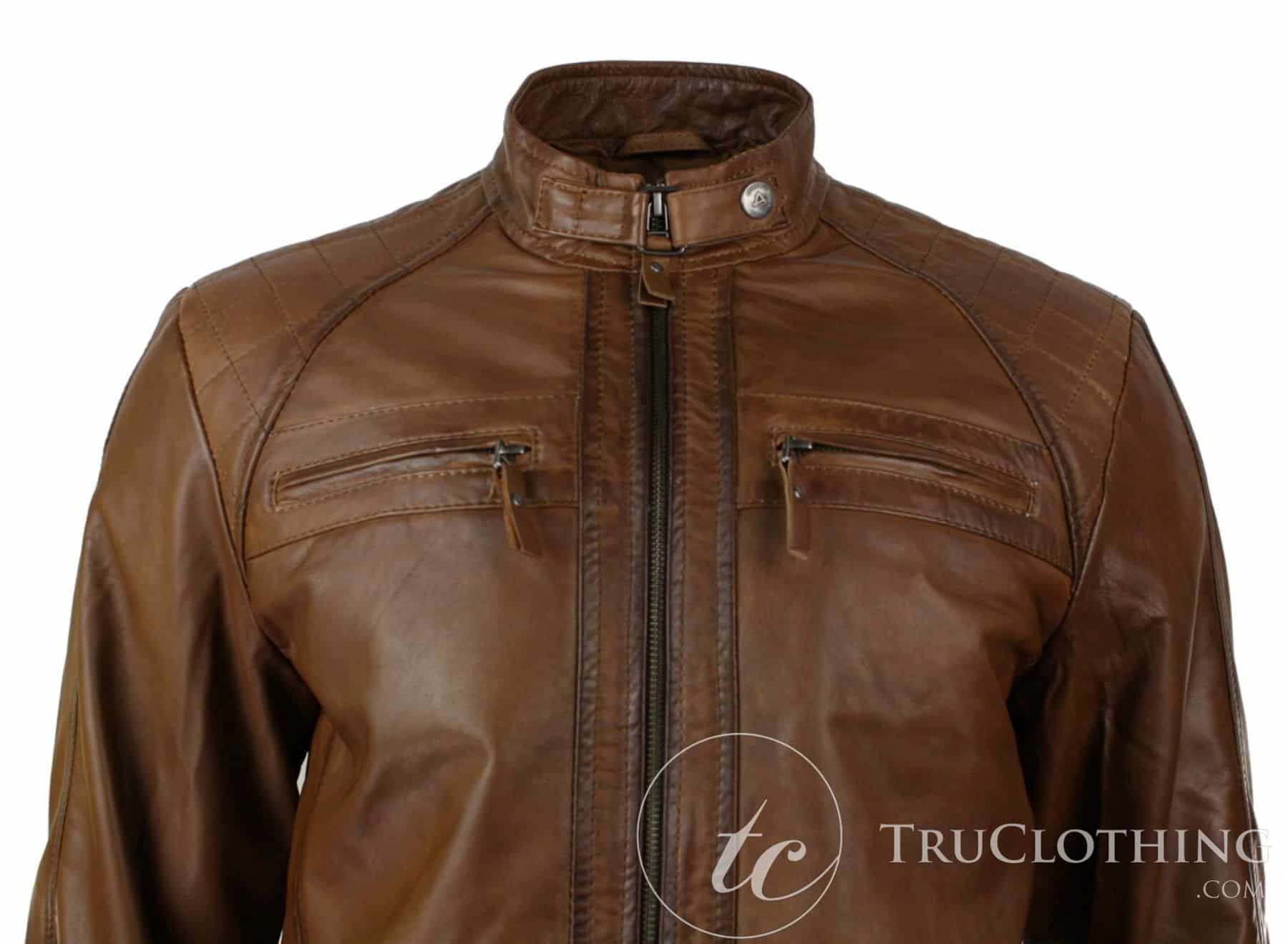 Miesten retrotyylinen vetoketjullinen biker-takki, pehmeää nahkaa, musta, rento-ruskea
