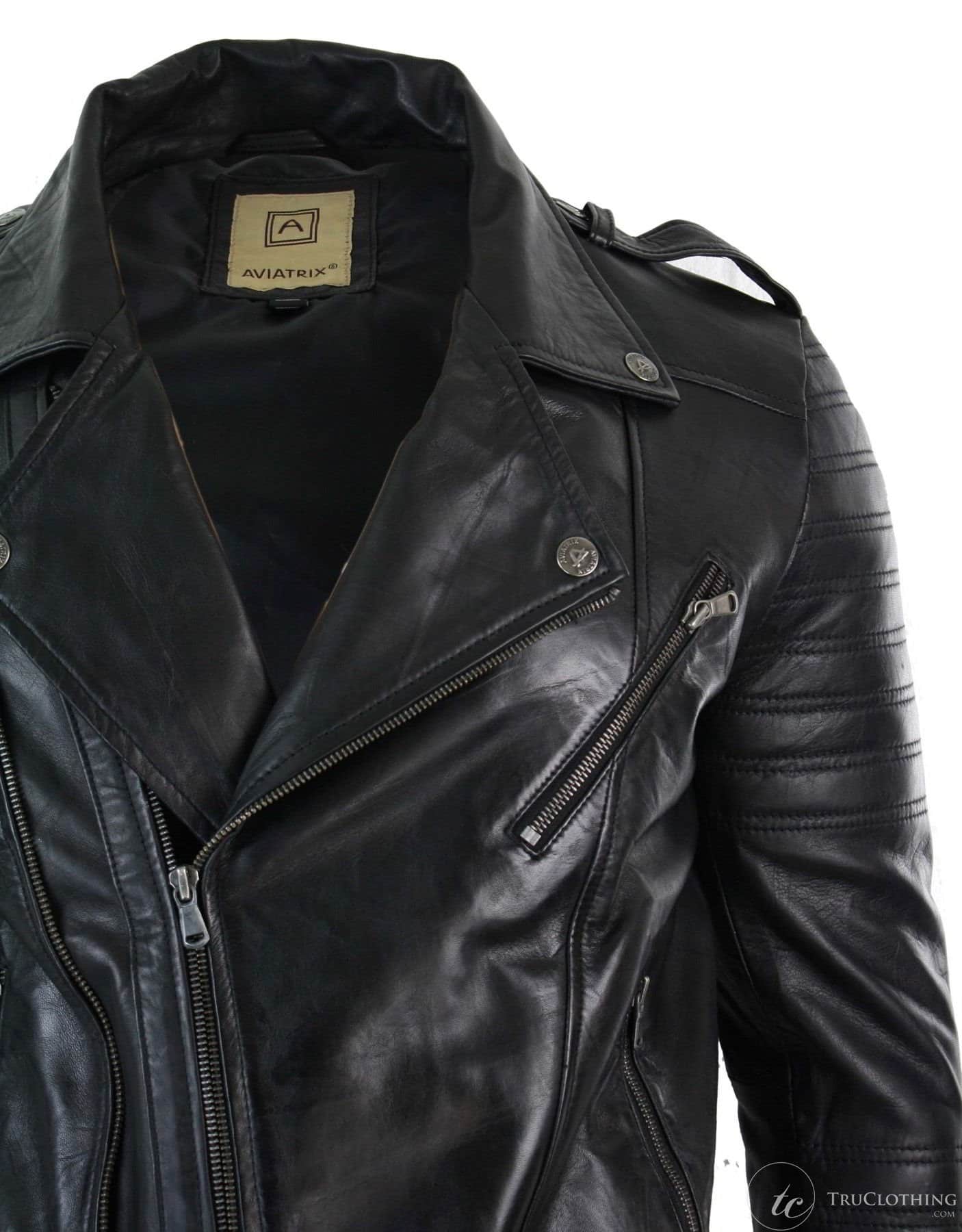 Aitoa nahkaa, ristivetoketjullinen Vintage Retro Miesten Biker-takki, musta, urbaani, kapea istuvuus, XXXL, musta