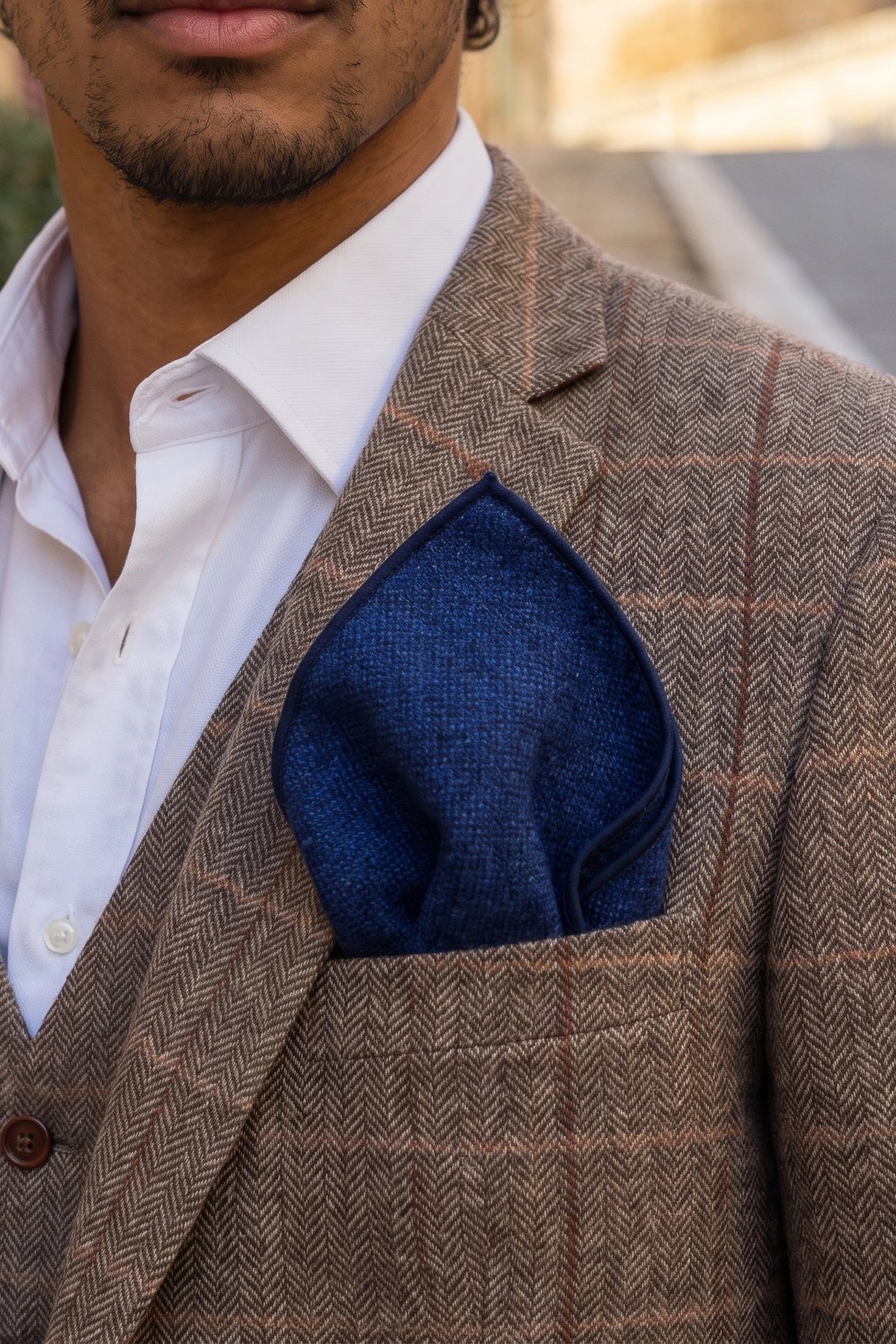 Miesten laivastonsininen tweed-villasekoitteinen taskuliina