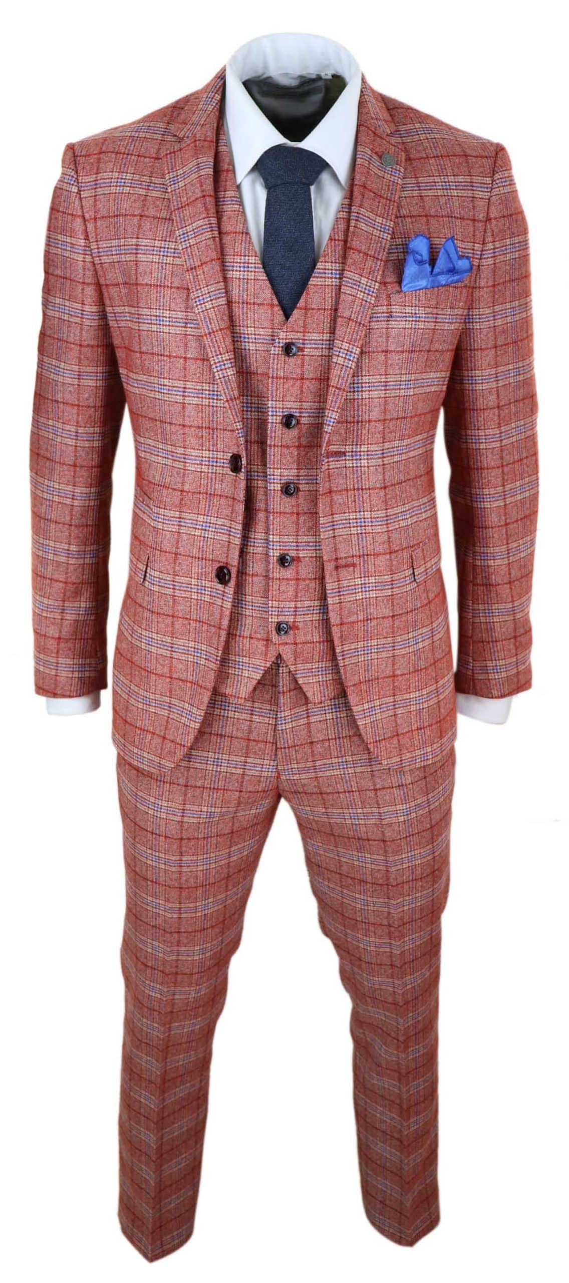 Miesten punainen kolmiosainen tweed-ruutupuku