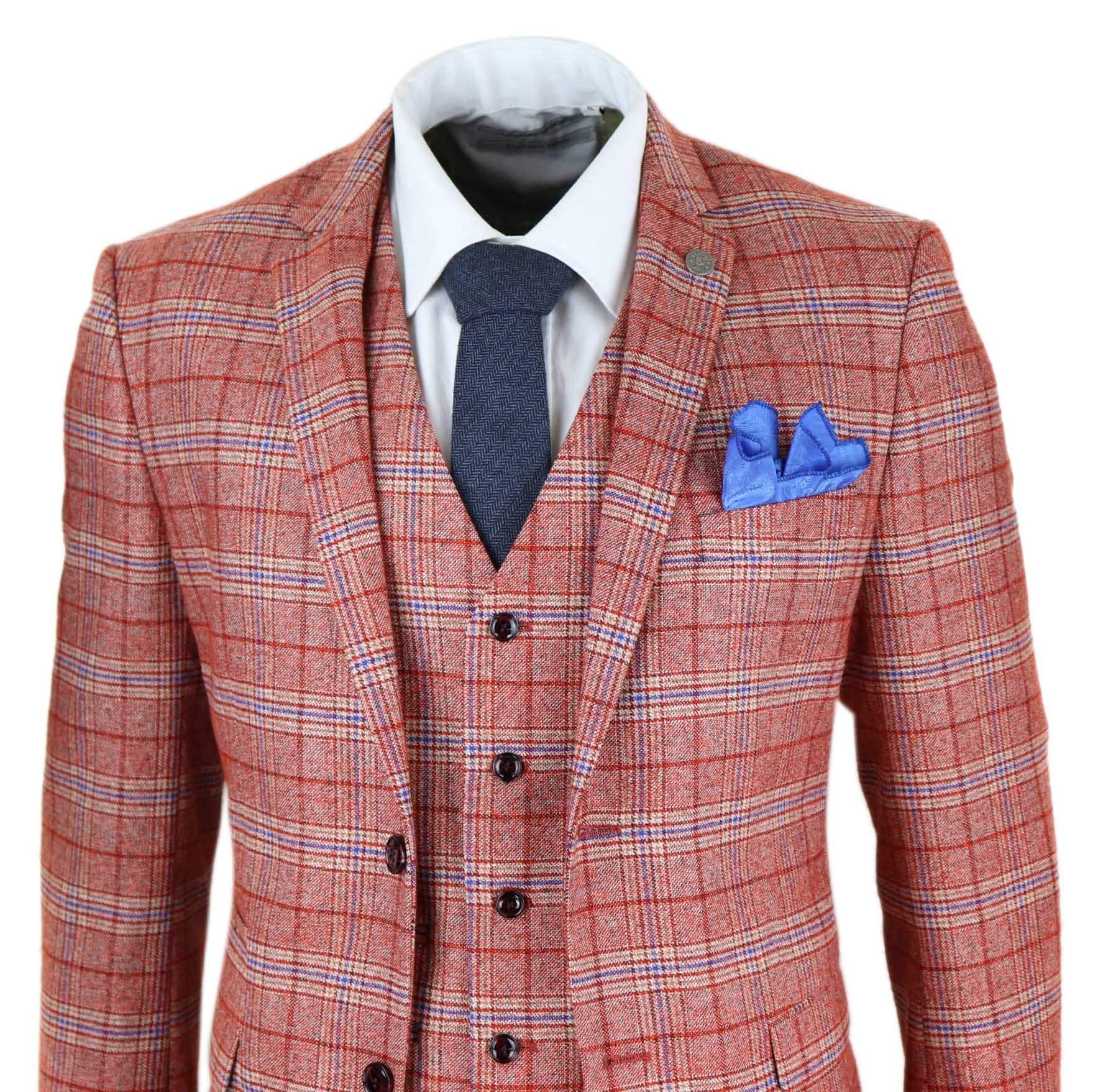 Miesten punainen kolmiosainen tweed-ruutupuku