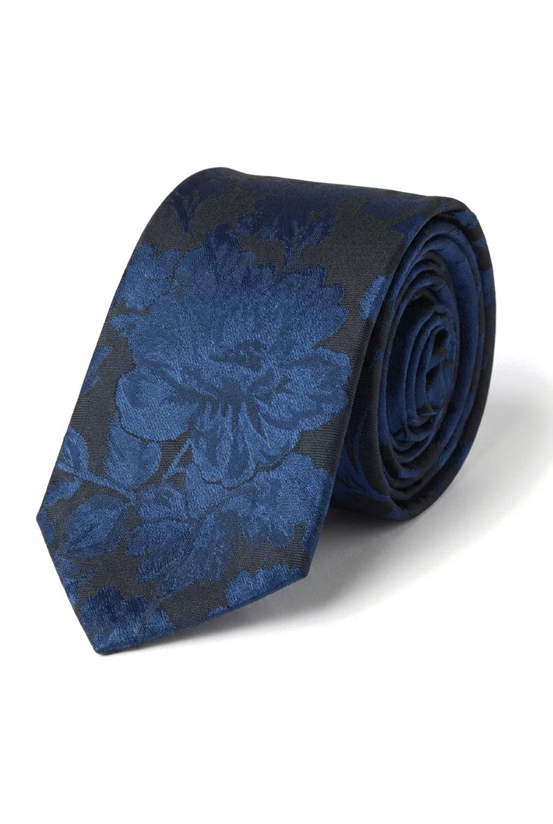 Miesten solmio taskulla ja neliöllä - muodollinen kukkakuvioinen solmio - Laivastonsininen