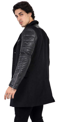 Miesten tweed-kashmirvillainen päällystakki aidoilla nahkahihoilla, musta - B213