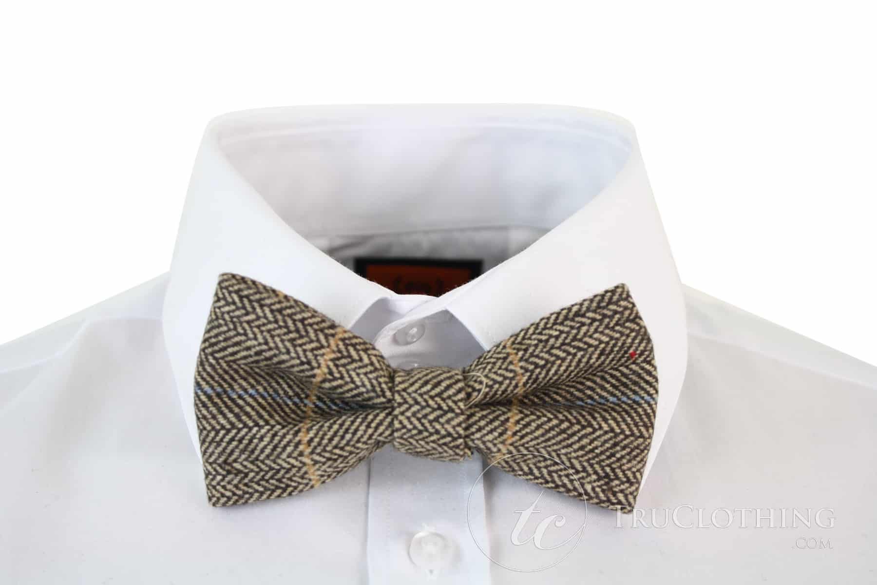 Miesten tweed-kuvioiset kalanruotokuvioiset Marc Darcy -rusetit, vintage retro, ruskea