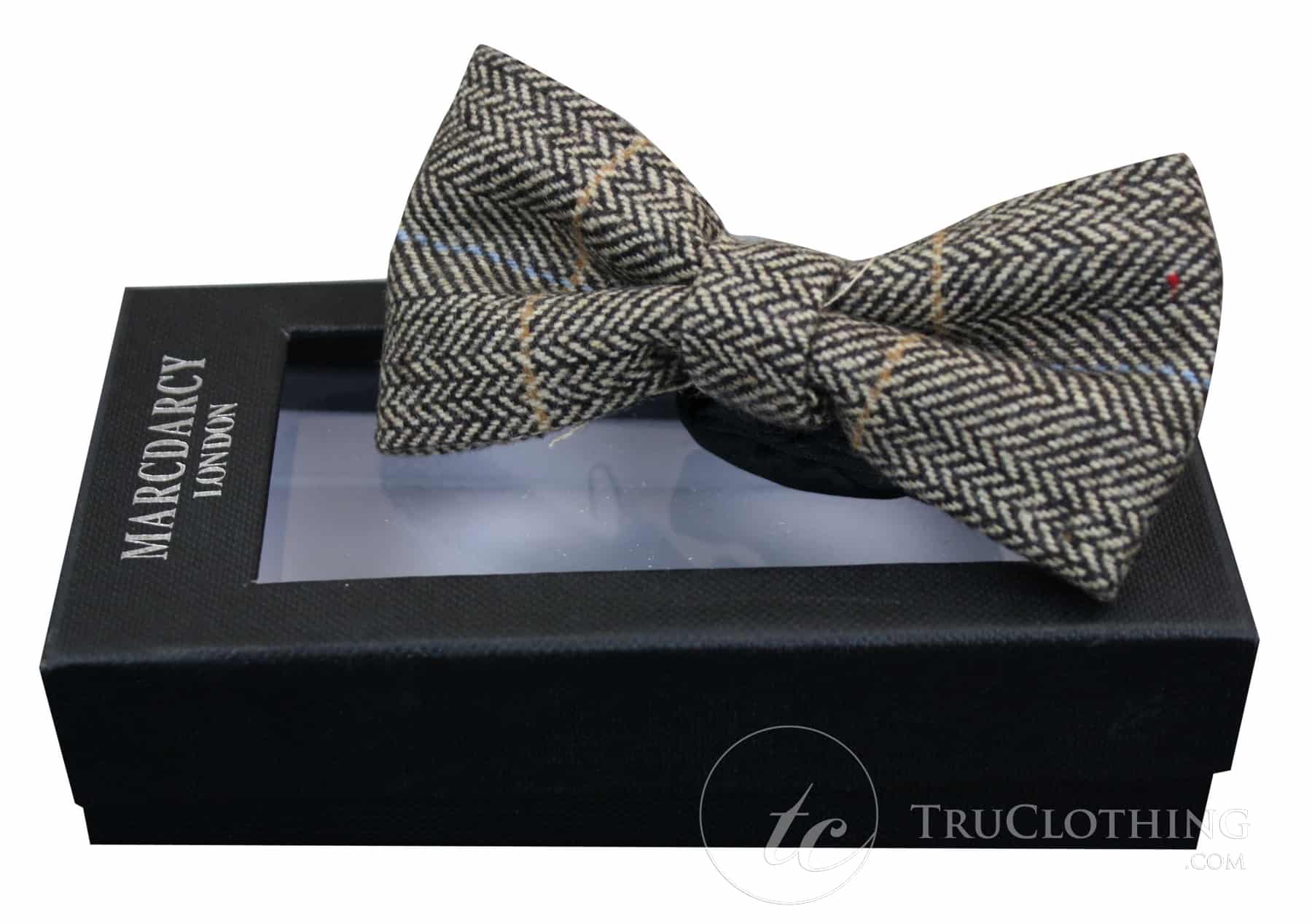 Miesten tweed-kuvioiset kalanruotokuvioiset Marc Darcy -rusetit, vintage retro, ruskea