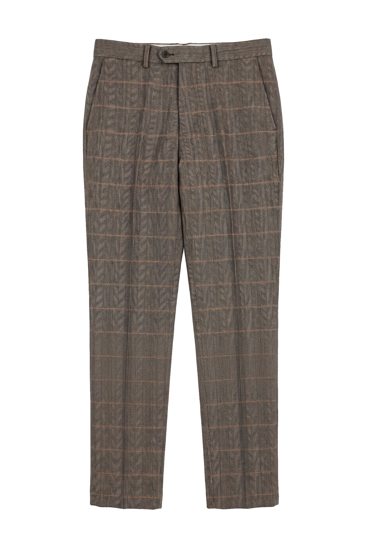 Dx-7 - Miesten tweed-ruutuhousut kalanruotokuviolla, ruskeanruskeat, normaalikokoiset