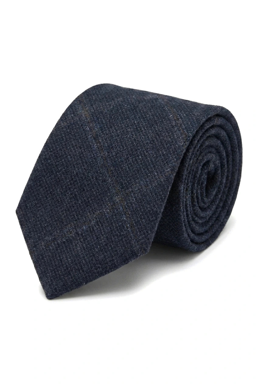 Miesten villasekoitteinen kalanruotokuvioinen ruudullinen tweed-solmio - Laivastonsininen