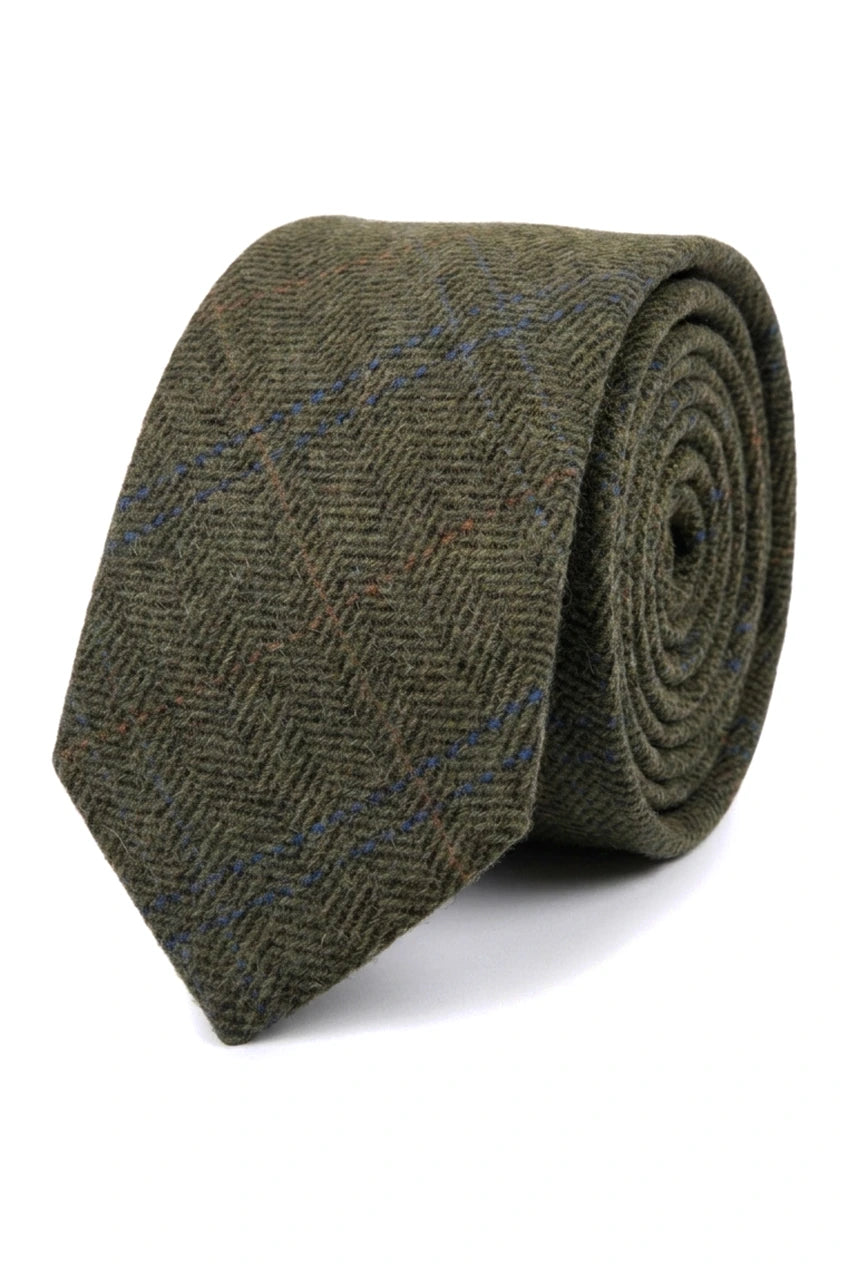 Miesten villasekoitteinen kalanruotokuvioinen ruudullinen tweed-solmio - Oliivi
