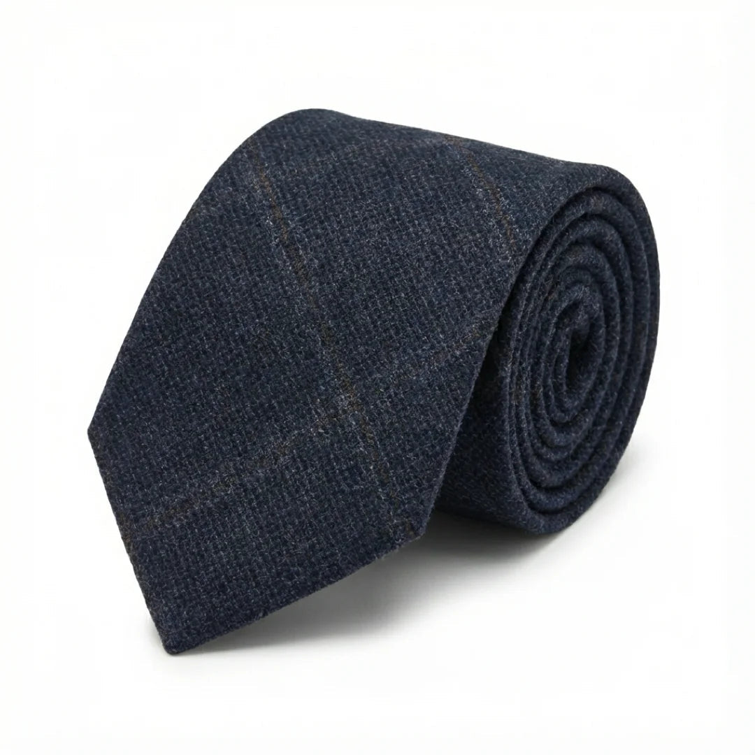 Miesten villasekoitteinen kalanruotokuvioinen ruudullinen tweed-solmio - Laivastonsininen