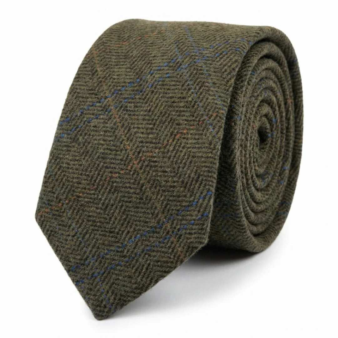 Miesten villasekoitteinen kalanruotokuvioinen ruudullinen tweed-solmio - Oliivi
