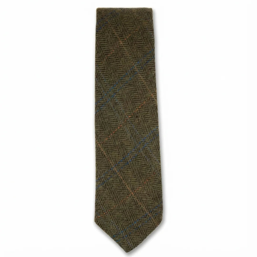 Miesten villasekoitteinen kalanruotokuvioinen ruudullinen tweed-solmio - Oliivi