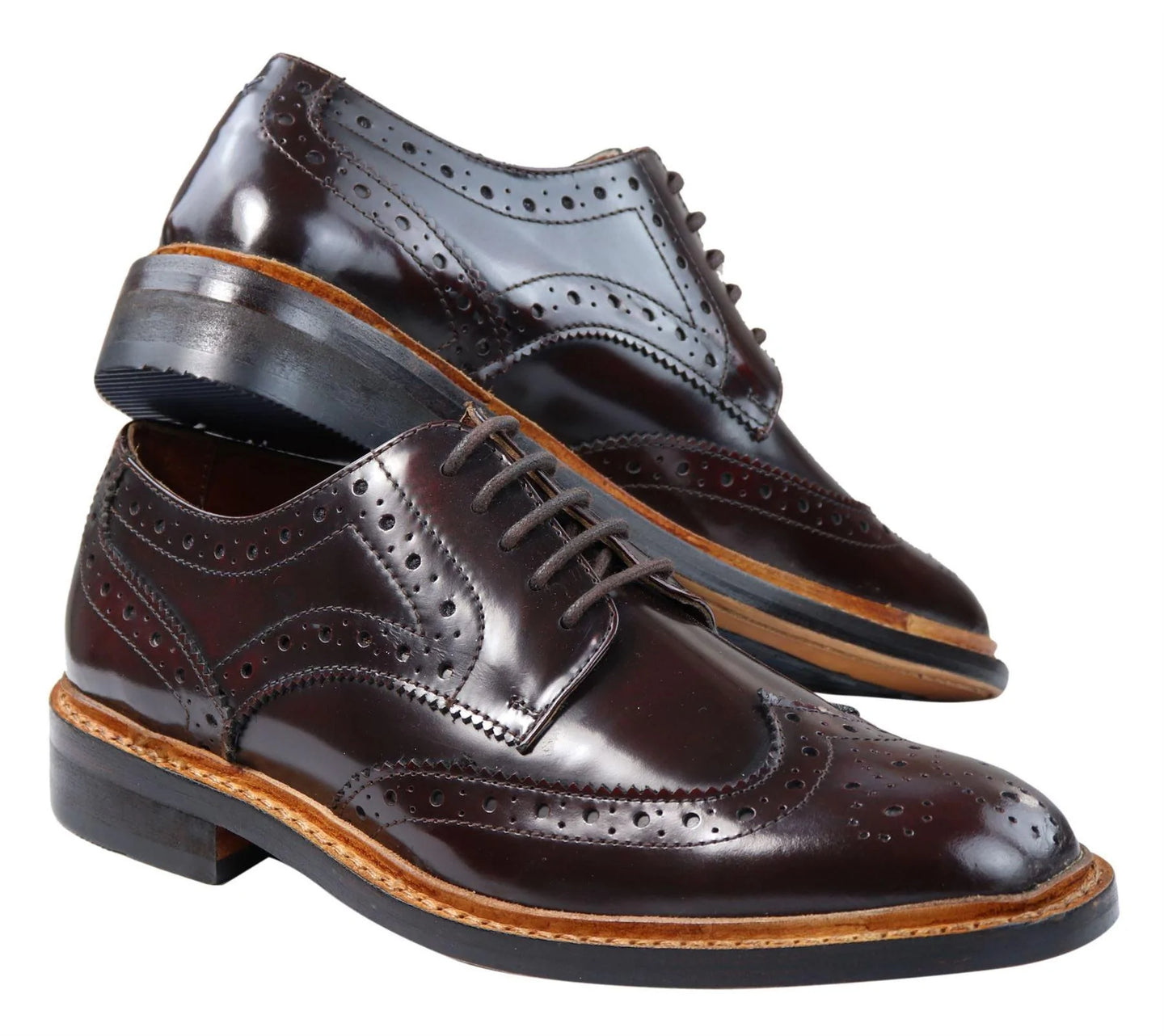 Miesten Oxford-brogue-kengät, nauhalliset nahkakengät, Goodyear-reunustetut, ruskean ja viininpunaiset