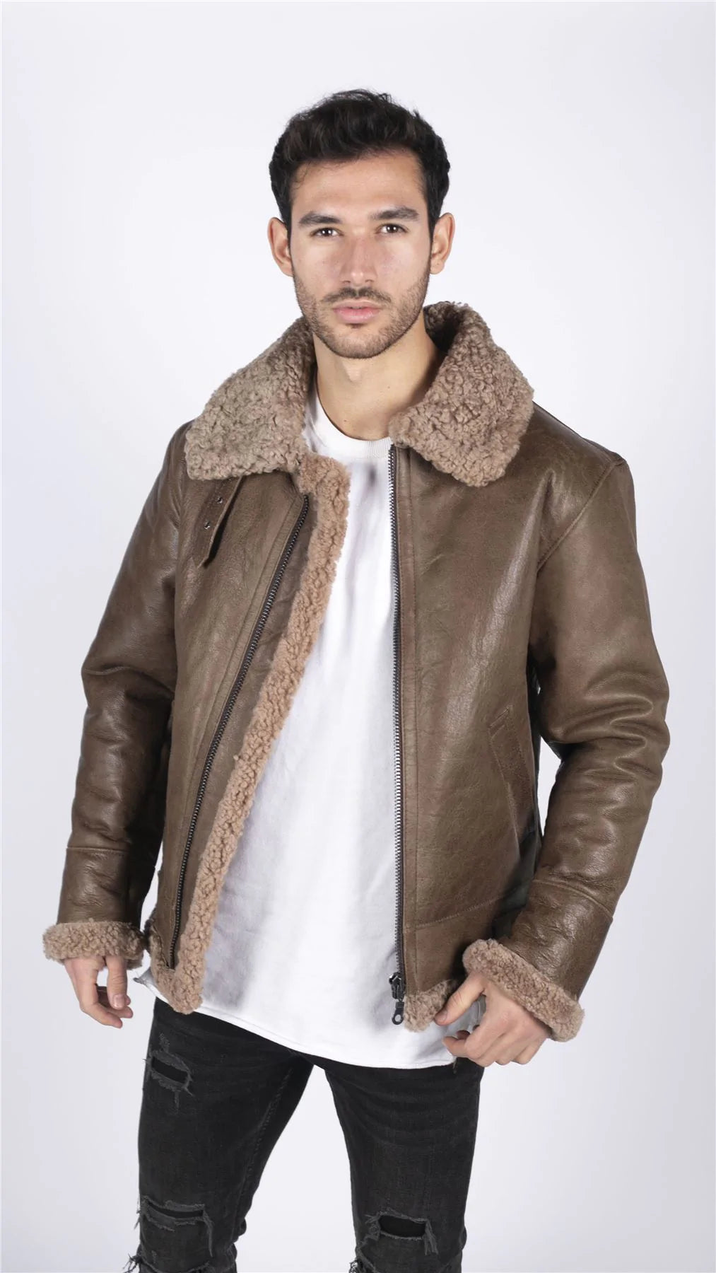 Miesten aitoa lampaannahkaa B3 Flying Aviator Vintage Ruskea Teddy-lammasturkis