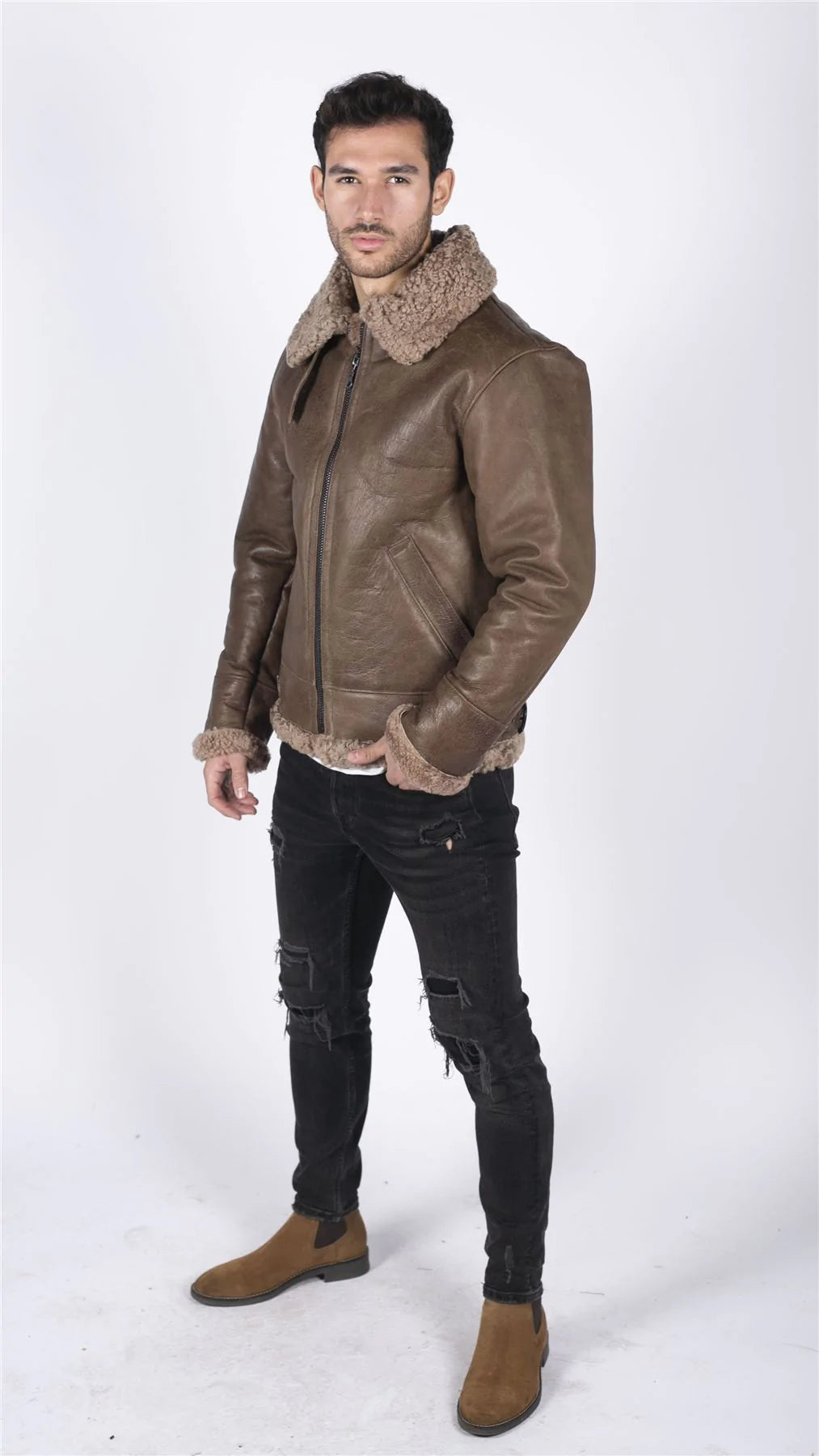 Miesten aitoa lampaannahkaa B3 Flying Aviator Vintage Ruskea Teddy-lammasturkis