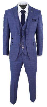 Miesten sininen tweed-ruutupuku, kolmiosainen taskukello, räätälöity istuvuus, Peaky Blinders