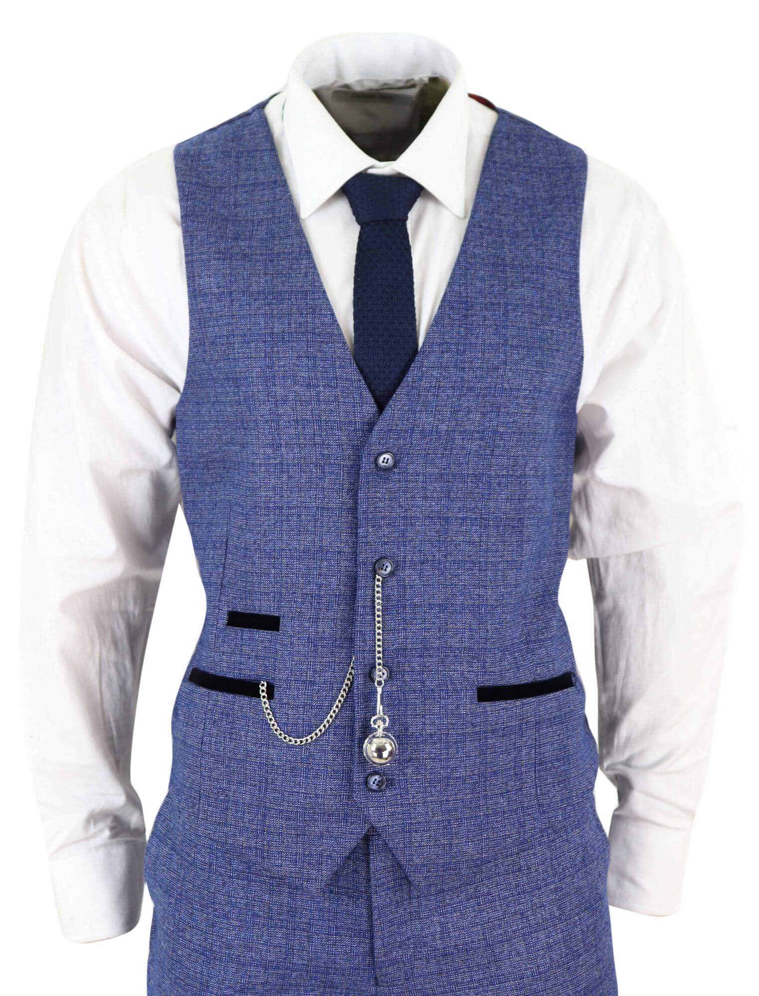 Miesten sininen tweed-ruutupuku, kolmiosainen taskukello, räätälöity istuvuus, Peaky Blinders