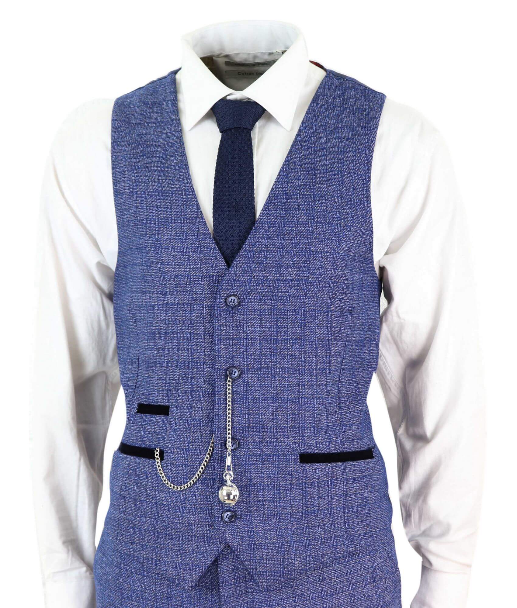 Miesten sininen tweed-ruutupuku, kolmiosainen taskukello, räätälöity istuvuus, Peaky Blinders