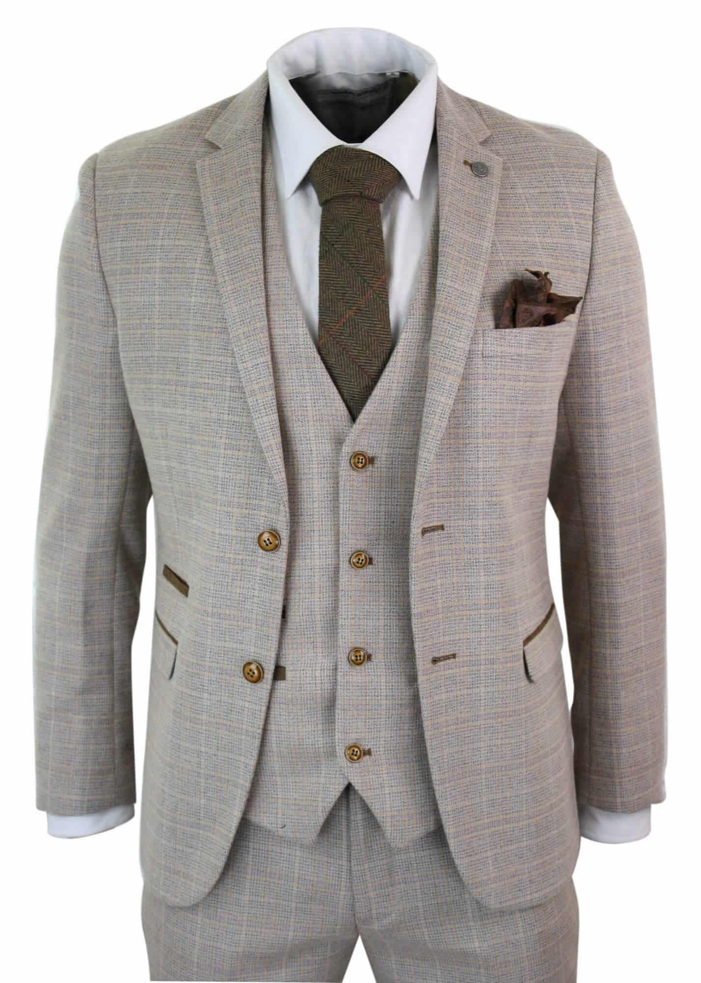 Paul Andrew Holland - Miesten ruutukuvioinen beige-ruskea kolmiosainen puku, hääpuku, vanhojentanssin vintage, retro, klassinen