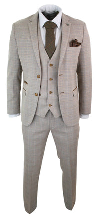 Paul Andrew Holland - Miesten ruutukuvioinen beige-ruskea kolmiosainen puku, hääpuku, vanhojentanssin vintage, retro, klassinen
