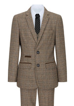 Poikien kolmiosainen ruskea tweed-ruutupuku, vintage retro, mittatilaustyönä tehty istuvuus, 1920-luku