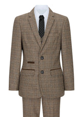 Poikien kolmiosainen ruskea tweed-ruutupuku, vintage retro, mittatilaustyönä tehty istuvuus, 1920-luku
