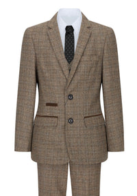 Poikien kolmiosainen ruskea tweed-ruutupuku, vintage retro, mittatilaustyönä tehty istuvuus, 1920-luku