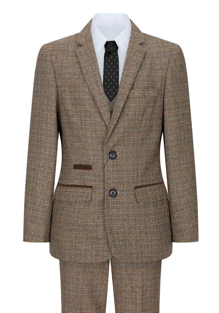 Poikien kolmiosainen ruskea tweed-ruutupuku, vintage retro, mittatilaustyönä tehty istuvuus, 1920-luku