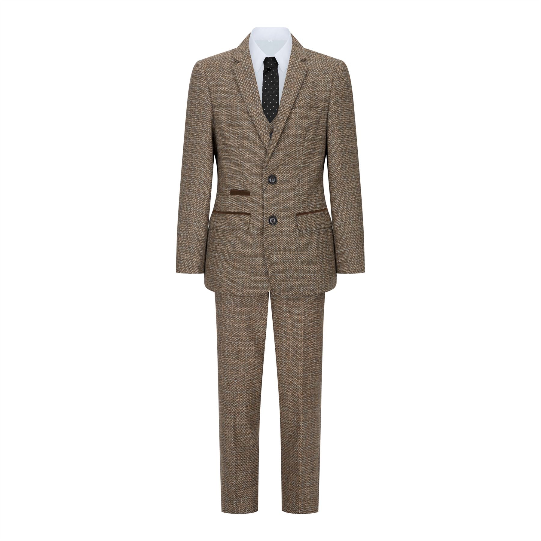 Poikien kolmiosainen ruskea tweed-ruutupuku, vintage retro, mittatilaustyönä tehty istuvuus, 1920-luku