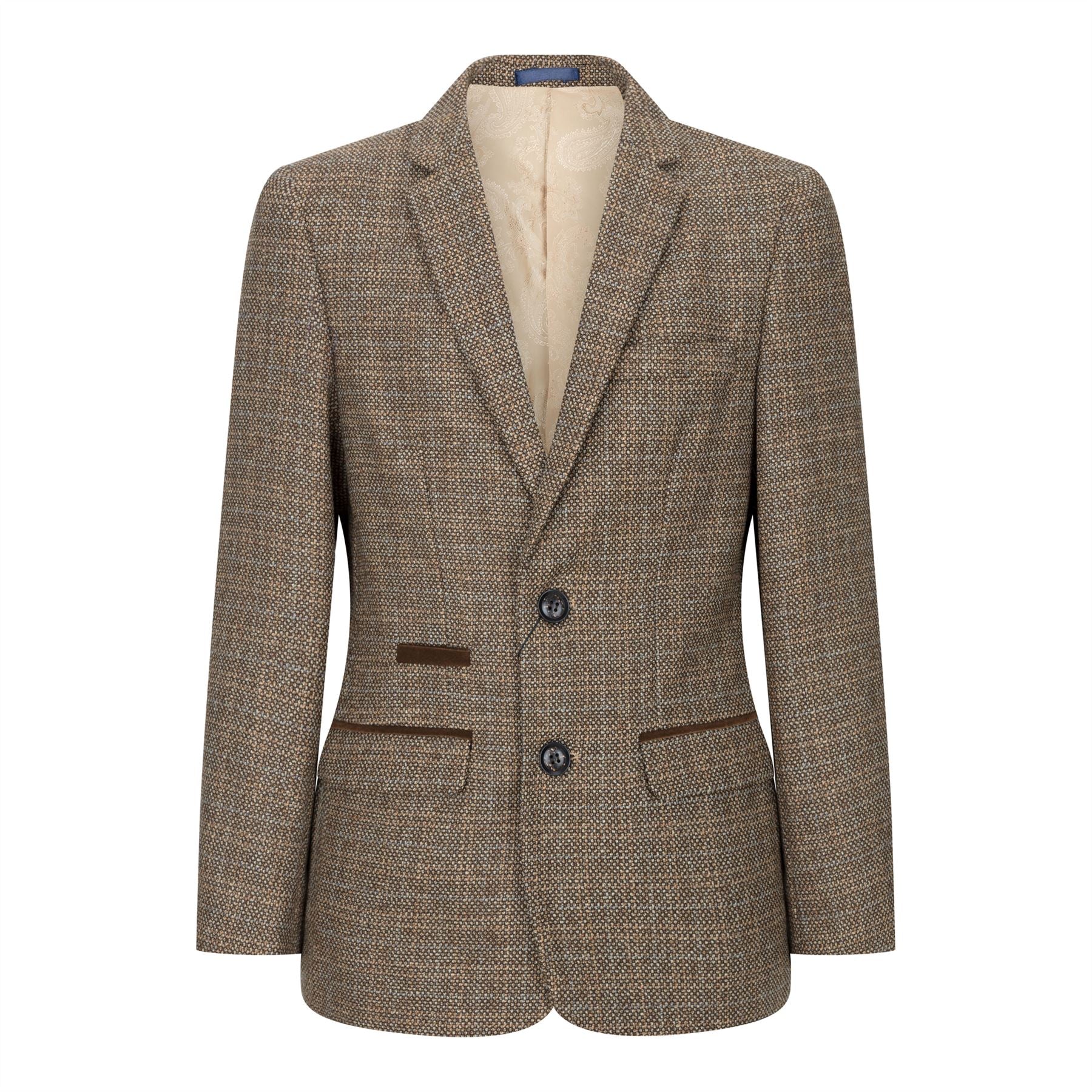 Poikien kolmiosainen ruskea tweed-ruutupuku, vintage retro, mittatilaustyönä tehty istuvuus, 1920-luku