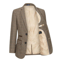 Poikien kolmiosainen ruskea tweed-ruutupuku, vintage retro, mittatilaustyönä tehty istuvuus, 1920-luku