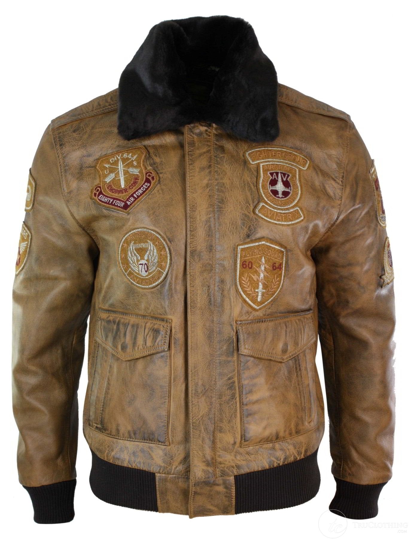 Miesten Aviator Flying Pilot -pommittajatakki, vintage-ruskea, irrotettava musta turkiskaulus - ruskea