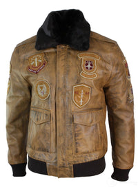 Miesten Aviator Flying Pilot -pommittajatakki, vintage-ruskea, irrotettava musta turkiskaulus - ruskea