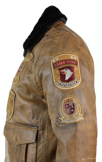 Miesten Aviator Flying Pilot -pommittajatakki, vintage-ruskea, irrotettava musta turkiskaulus - ruskea