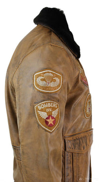 Miesten Aviator Flying Pilot -pommittajatakki, vintage-ruskea, irrotettava musta turkiskaulus - ruskea