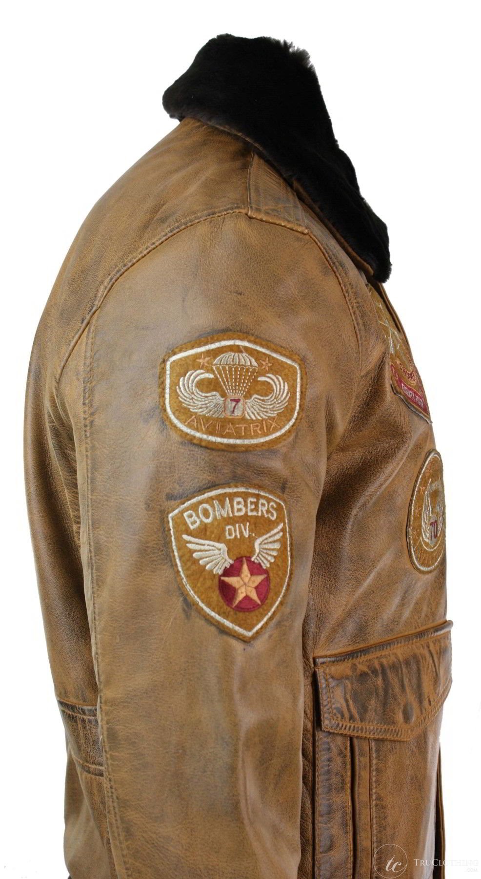 Miesten Aviator Flying Pilot -pommittajatakki, vintage-ruskea, irrotettava musta turkiskaulus - ruskea